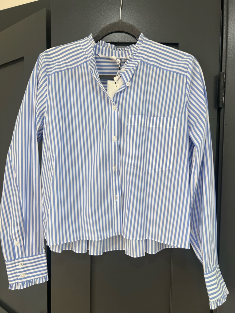 Veronica Beard Blue and White Striped Ruffle Collar Shirt